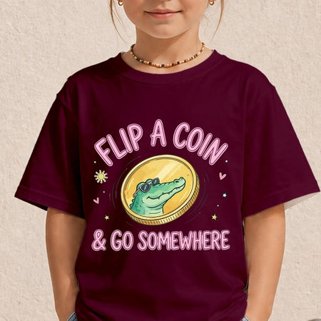 Kid's Maroon Graphic T-Shirt with Alligator Coin Print
