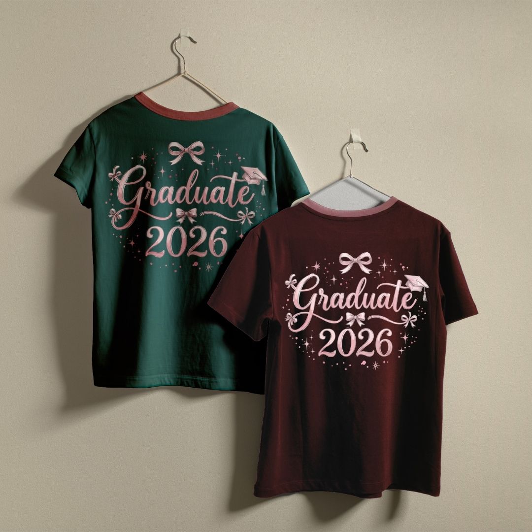 Class of 2026 Ringer Tees, Dark Green and Maroon Graduation Shirts, Coquette Bow Senior Squad Tops, Cute Matching High School Graduate Gifts