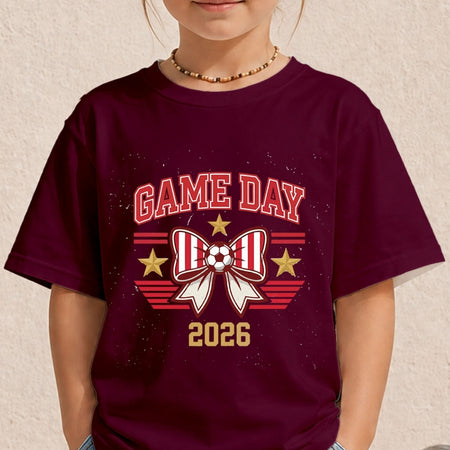Soccer Game Day Kids Shirt, Maroon Mockup Tee, Coquette Bow Soccer Youth Shirt, Family Matching Sports Graphic T-Shirt