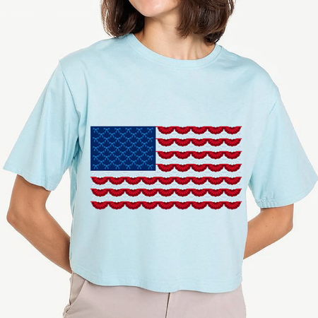 Light blue t-shirt with American flag design worn by a person