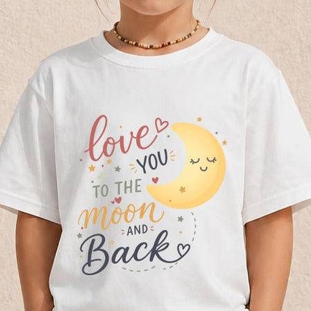 Two t-shirts hanging on hangers, one purple and one white, both printed with a moon graphic and the text "Love you to the moon and back."