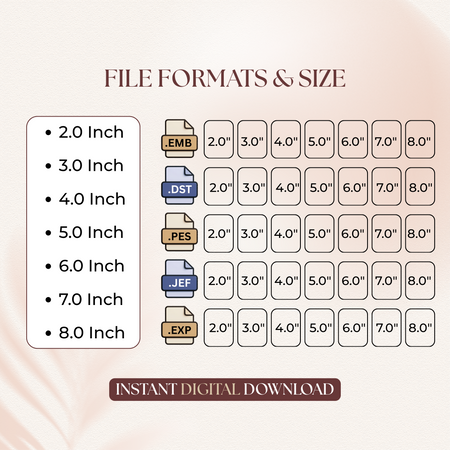  File formats and sizing chart for digital mummy tooth machine embroidery downloads, showing sizes from 2.0 to 8.0 inches across EMB, DST, PES, JEF, and EXP formats   