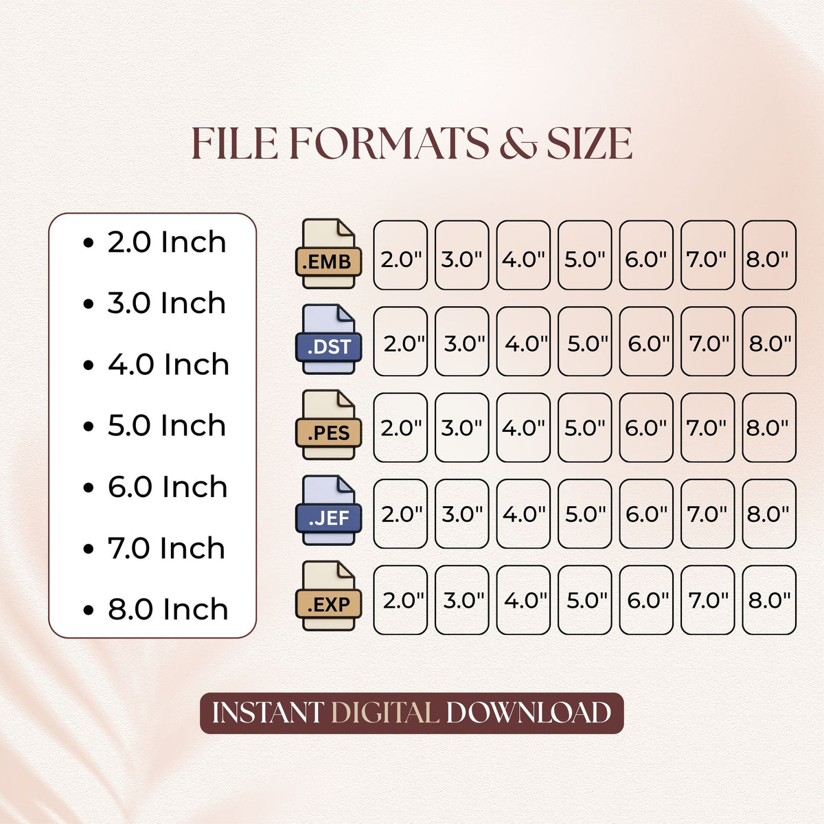 A size and file format chart for a digital download, showing dimensions from 2.0 inch to 8.