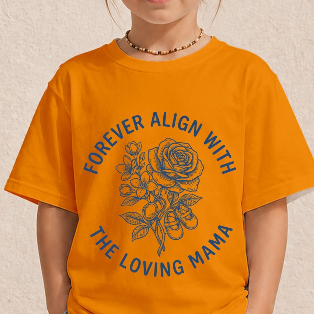 Close-up of a youth or child wearing an orange graphic t-shirt printed with a blue minimal rose sketch and mother's slogan.