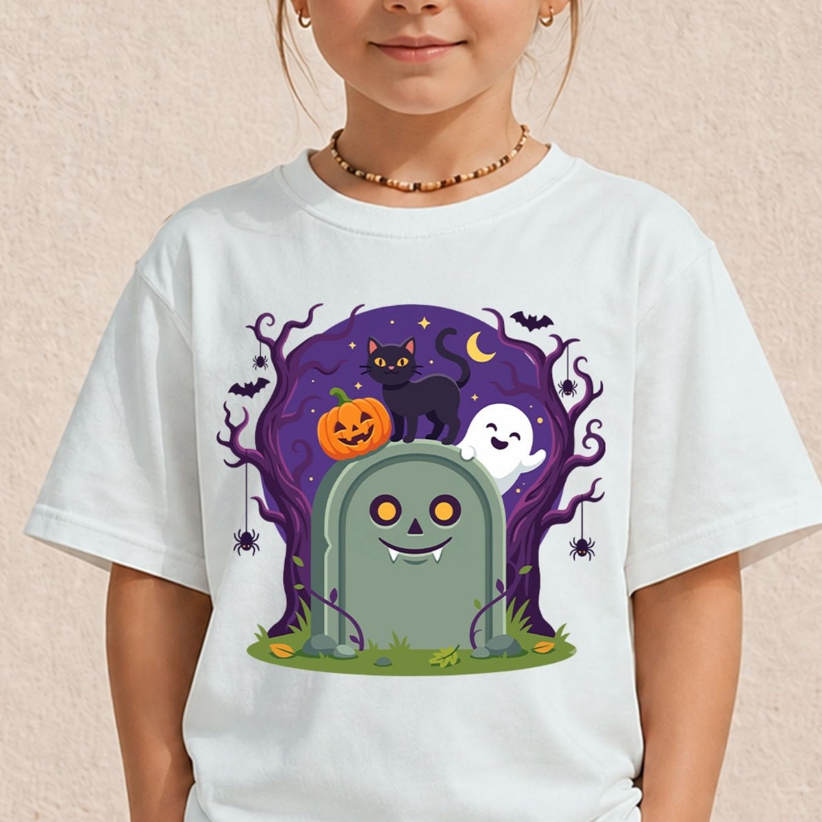 A child wearing a white short-sleeve t-shirt with a colorful Halloween graphic on the front, featuring a smiling tombstone, a black cat, a jack-o'-lantern, a ghost, and a purple tree against a beige textured wall.