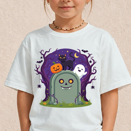 A child wearing a white short-sleeve t-shirt with a colorful Halloween graphic on the front, featuring a smiling tombstone, a black cat, a jack-o'-lantern, a ghost, and a purple tree against a beige textured wall.