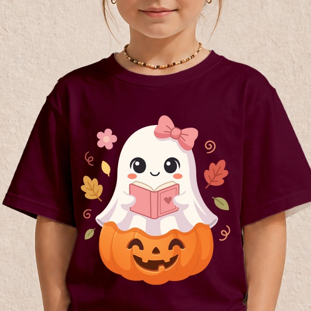 A child wearing a dark maroon short-sleeve t-shirt with a cute cartoon graphic of a white ghost reading a pink book on top of an orange jack-o'-lantern pumpkin, set against a textured beige wall.