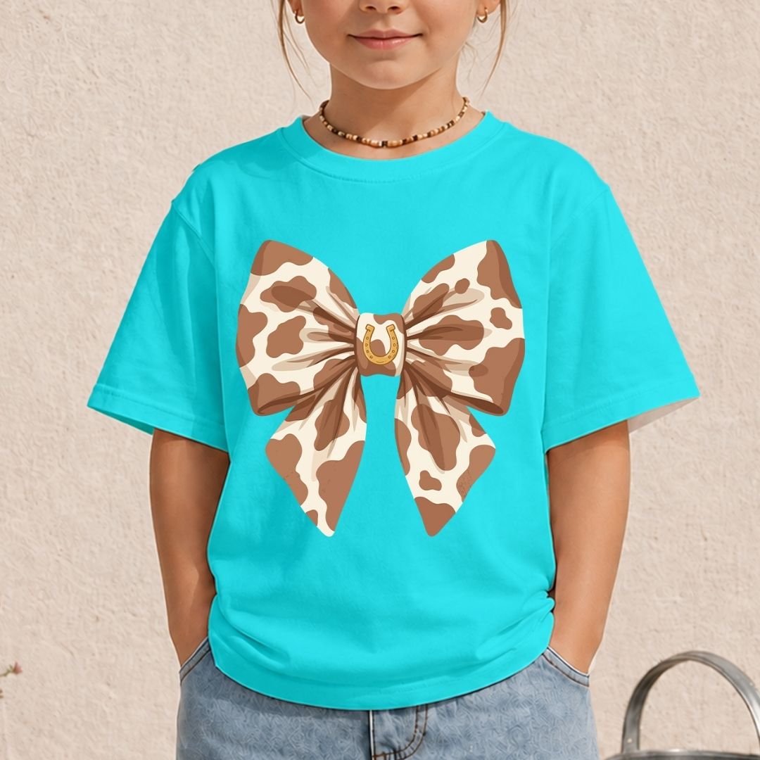 Kid's Turquoise T-Shirt with Western Cow Print Bow Mockup