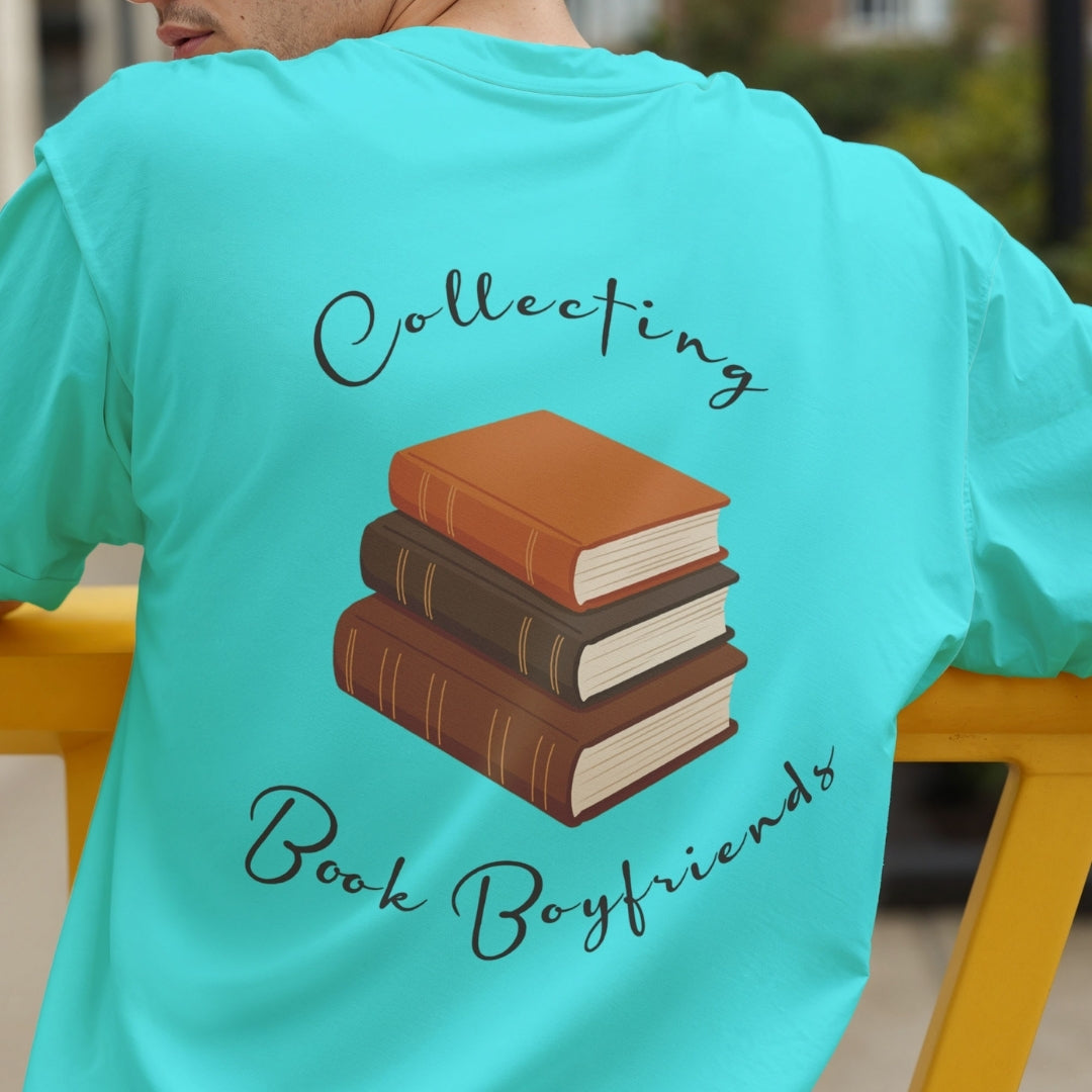 Men's Turquoise T-Shirt Back Print Stack of Books Mockup