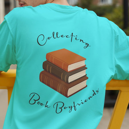 Men's Turquoise T-Shirt Back Print Stack of Books Mockup