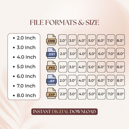 A size and file format chart for a digital download, showing dimensions from 2.0 inch to 8.