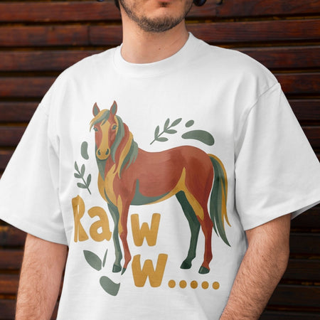Close up of a man wearing a white t-shirt showing a large, earth-toned watercolor horse sublimation print on the front.