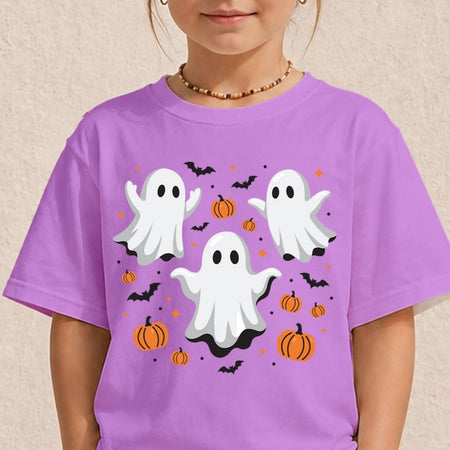 Child wearing a purple t-shirt showcasing a playful three-ghosts and pumpkins Halloween design.