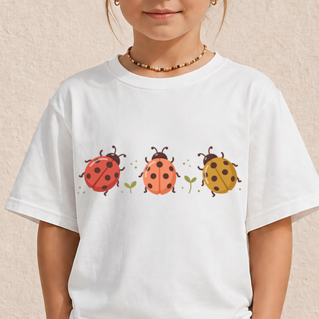 A child wearing a white short-sleeve T-shirt with a graphic of three ladybugs in red, orange, and yellow on the chest, set against a light beige textured wall.