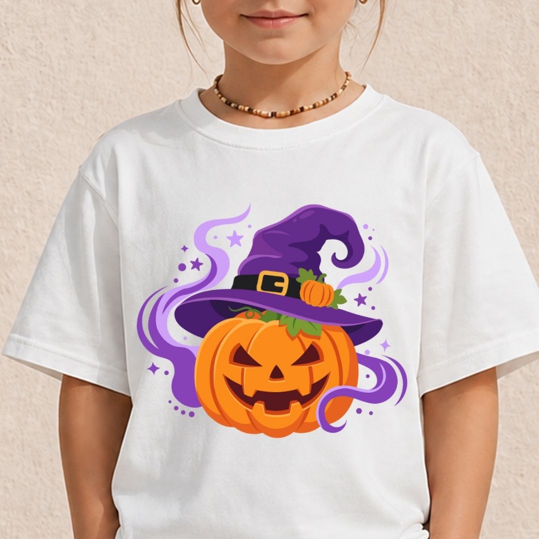 A child wearing a white short-sleeve t-shirt with a colorful graphic of a jack-o'-lantern pumpkin wearing a purple witch hat, set against a light beige textured wall.