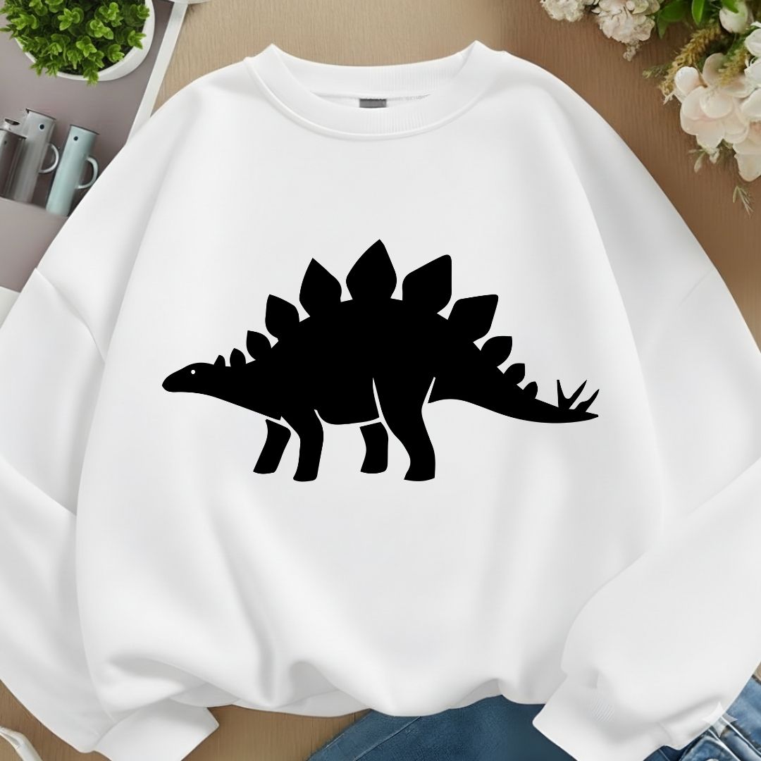 White sweatshirt mockup featuring a black Stegosaurus silhouette graphic centered on the chest.