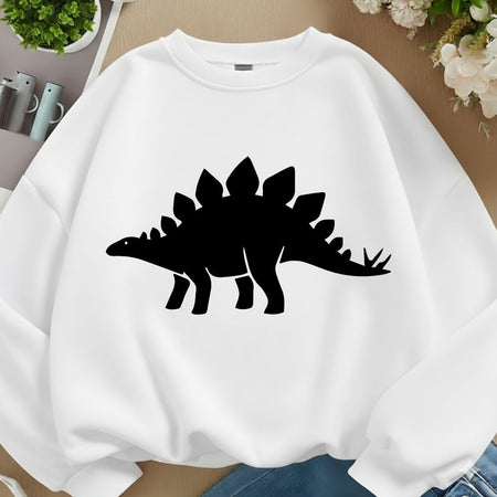 White sweatshirt mockup featuring a black Stegosaurus silhouette graphic centered on the chest.