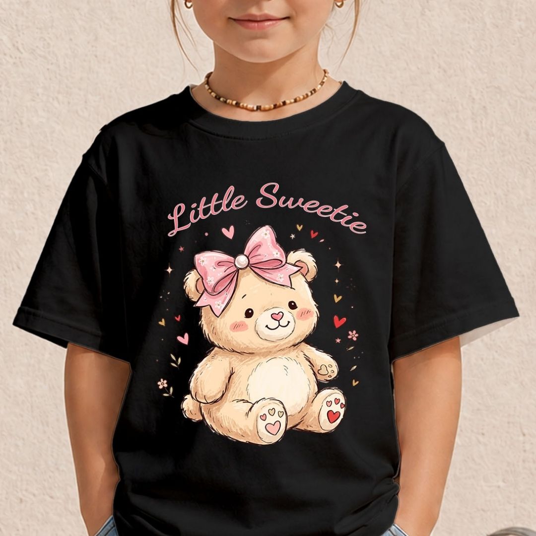 Kid's Black T-Shirt with Cute Teddy Bear Graphic Mockup