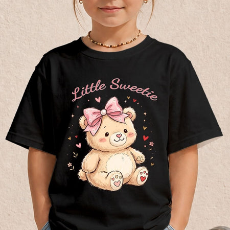 Kid's Black T-Shirt with Cute Teddy Bear Graphic Mockup