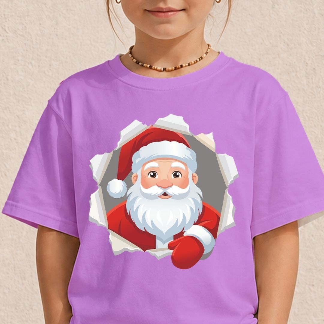 Child wearing a pastel purple t-shirt featuring a cartoon Santa Claus breaking through a ripped paper effect.