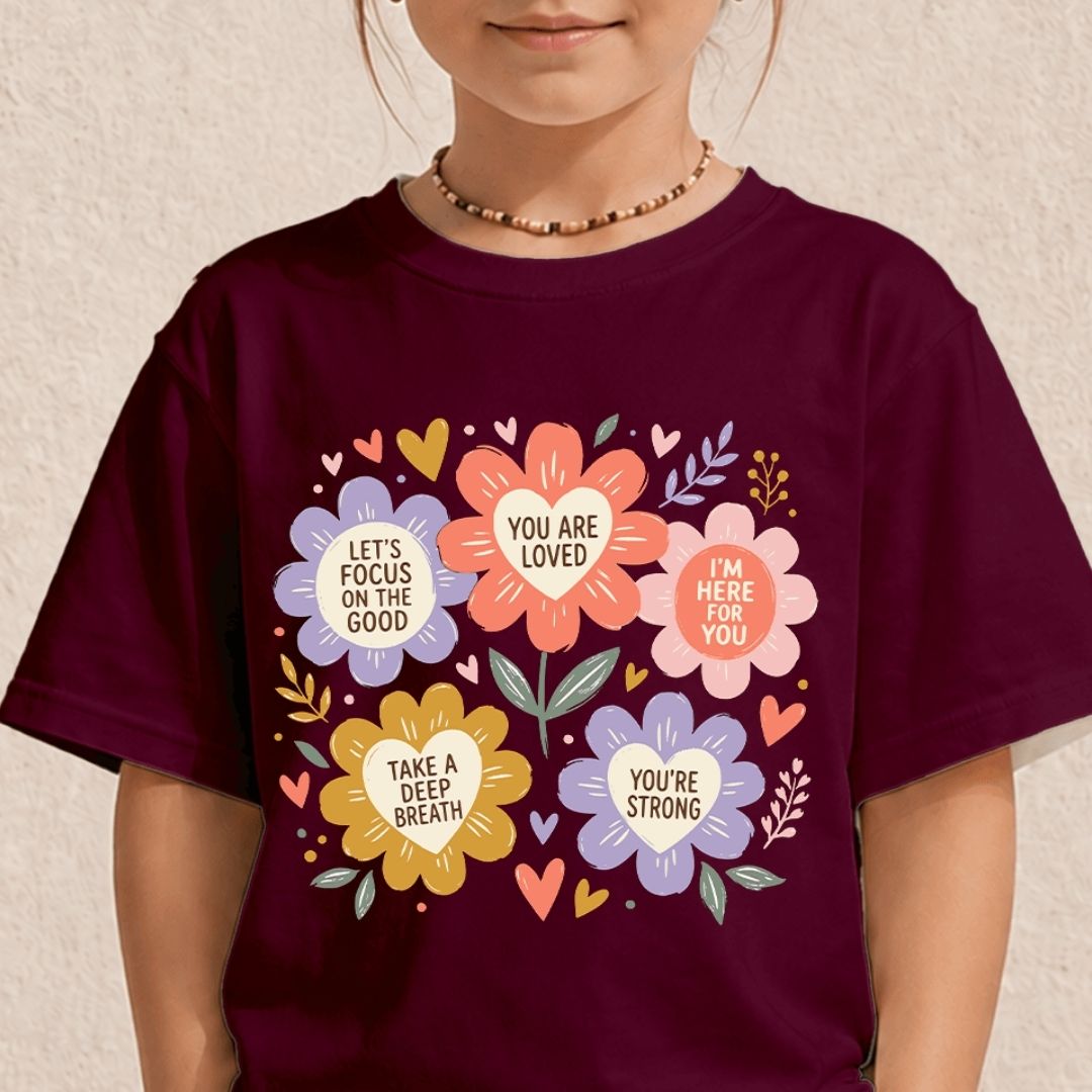 A child wearing a dark burgundy t-shirt with a colorful graphic of flowers and hearts containing supportive quotes like 'YOU ARE LOVED' and 'TAKE A DEEP BREATH'.