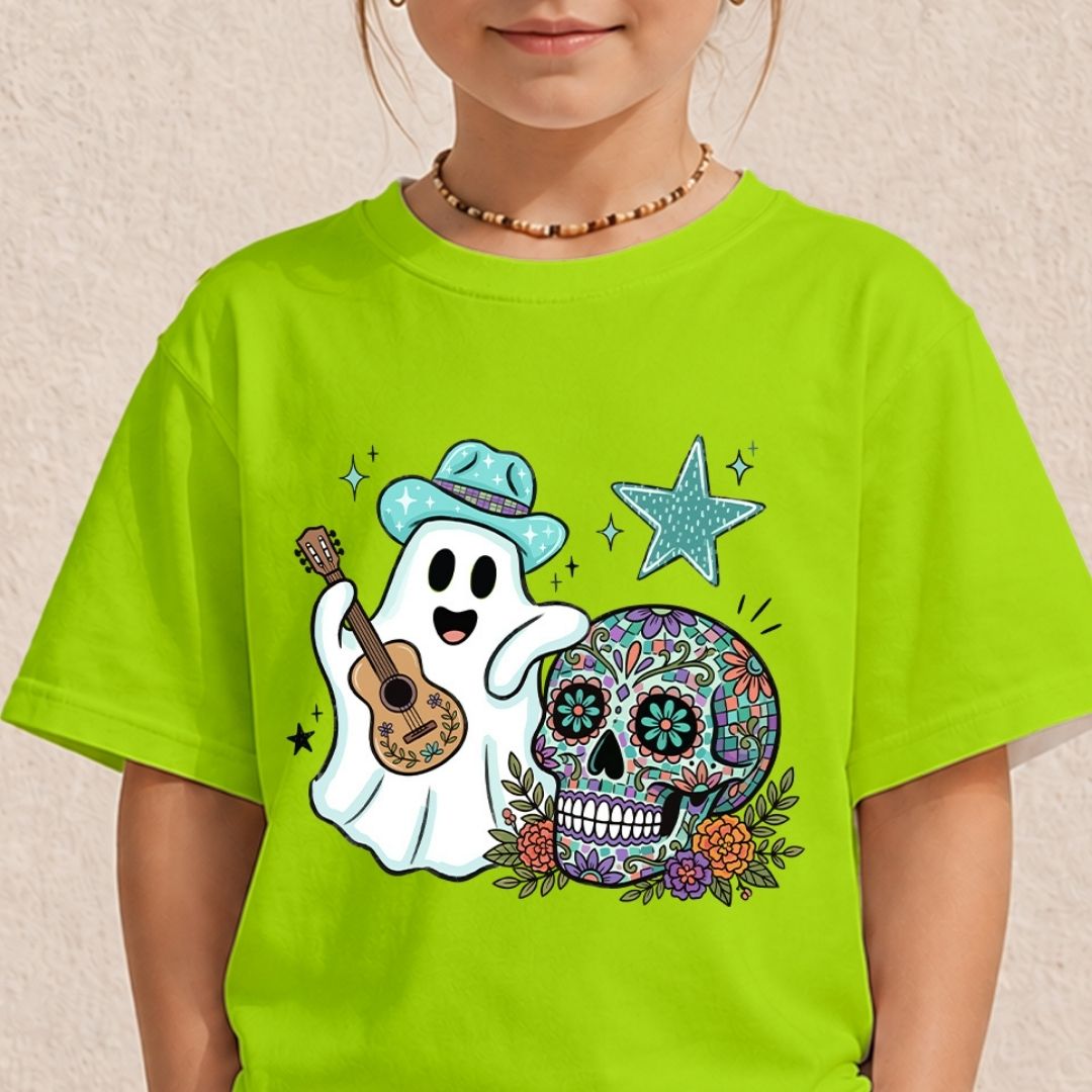 A child wearing a bright lime green t-shirt printed with the ghost playing guitar and floral sugar skull Halloween design.
