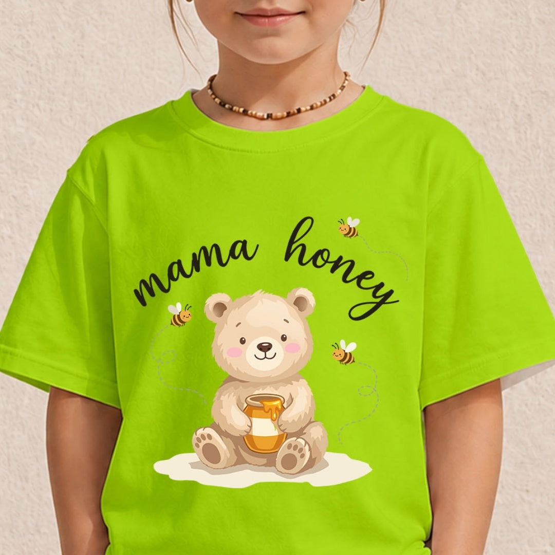 A child wearing a bright lime green t-shirt with a cartoon graphic of a teddy bear holding honey, bees, and the text 'mama honey'.