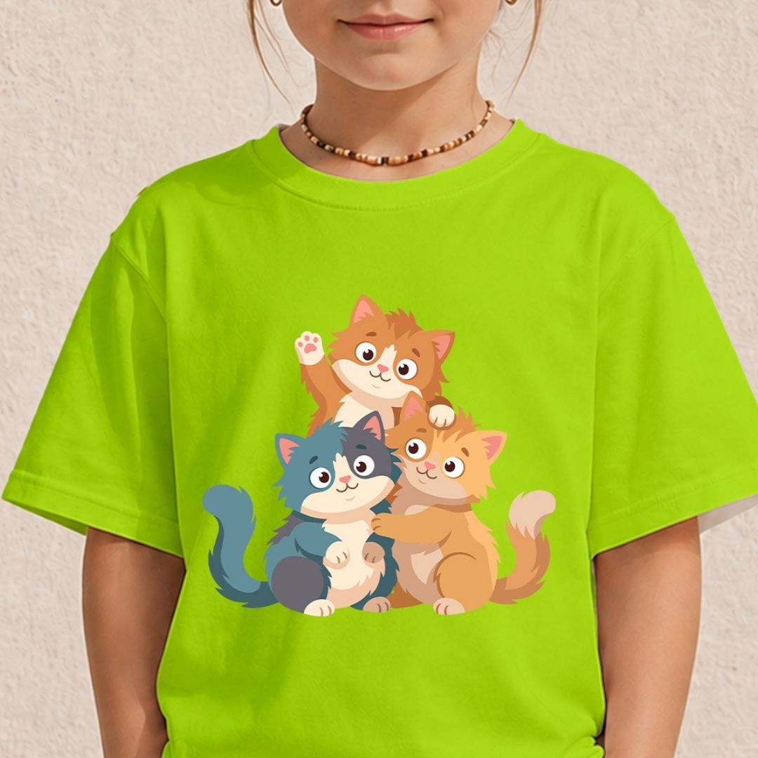 Child wearing a bright green t-shirt featuring a playful cartoon cats design with three adorable kittens.