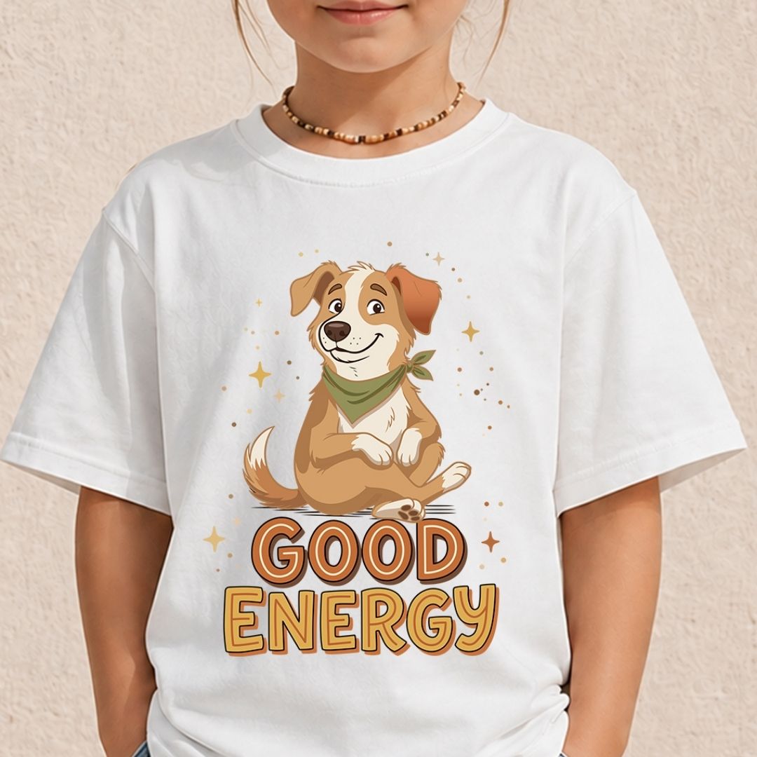 A child wearing a white short-sleeve T-shirt with a cartoon dog graphic and the words 'GOOD ENERGY' on the front, photographed against a light beige textured wall.