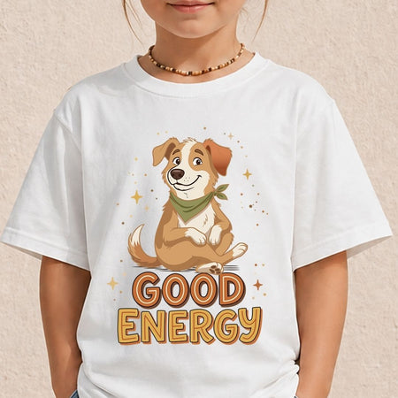 A child wearing a white short-sleeve T-shirt with a cartoon dog graphic and the words 'GOOD ENERGY' on the front, photographed against a light beige textured wall.