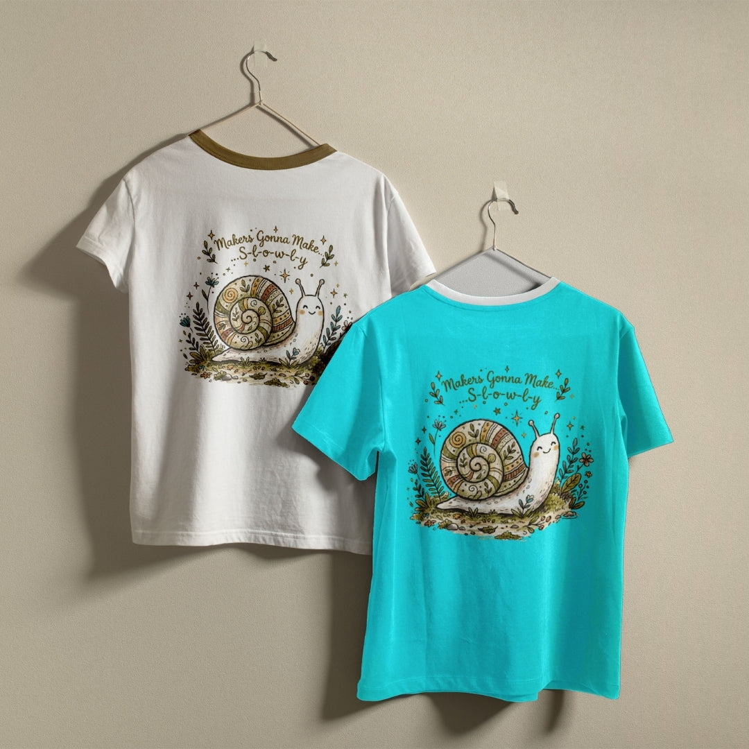 White and lime green t-shirts hanging on a wall, both displaying the adorable slow snail graphic and typography printed on the back.