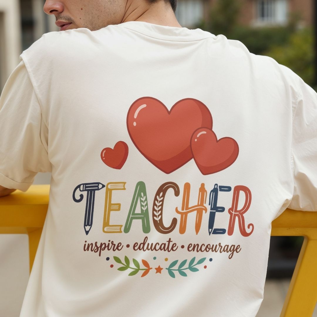 Teacher Back Print T-Shirt, Cream Off-White Men's Tee, Inspire Educate Encourage Design, Educator Gift Idea, School Faculty Streetwear Top