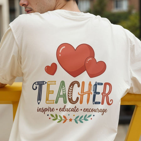 Teacher Back Print T-Shirt, Cream Off-White Men's Tee, Inspire Educate Encourage Design, Educator Gift Idea, School Faculty Streetwear Top