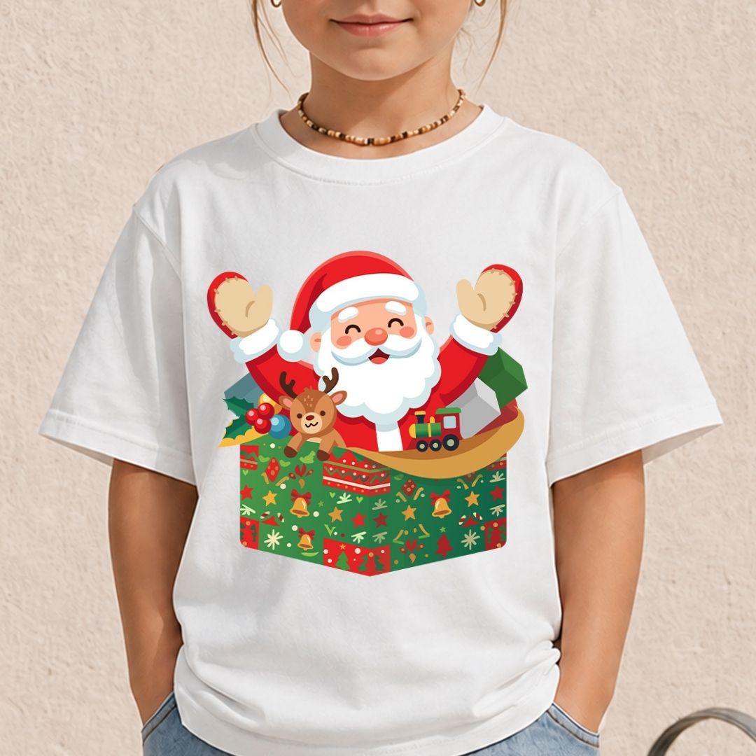 A child wearing a white short-sleeve T-shirt with a colorful Christmas graphic of Santa Claus popping out of a wrapped gift box, against a light beige textured wall.