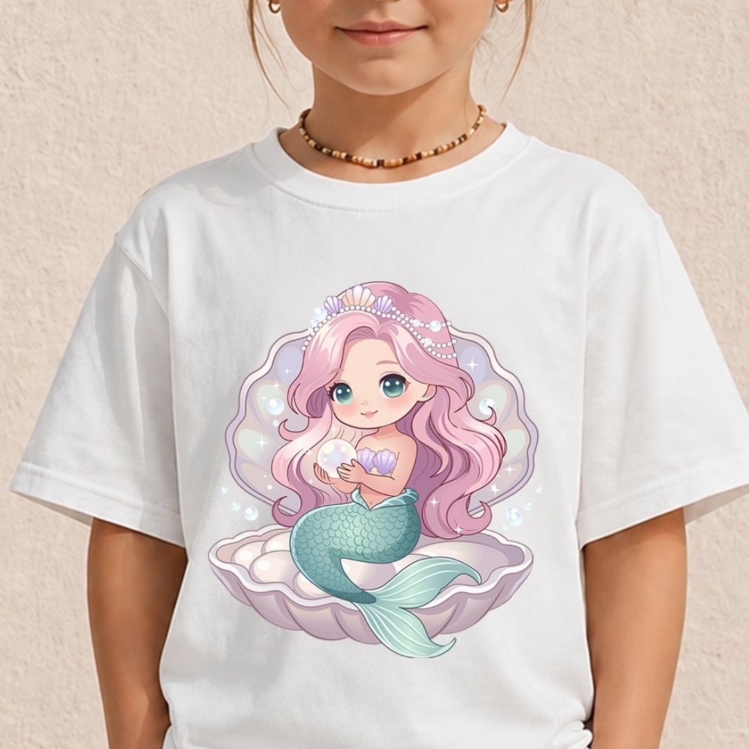 A child wearing a white short-sleeve T-shirt with a colorful cartoon mermaid graphic on the front, standing against a light beige textured wall.