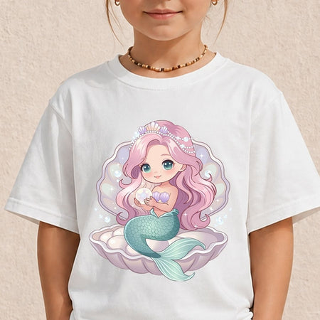 A child wearing a white short-sleeve T-shirt with a colorful cartoon mermaid graphic on the front, standing against a light beige textured wall.