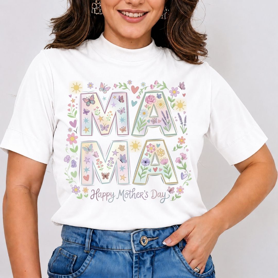 Person wearing a white t-shirt with 'MAMA' and floral design, on a plain background