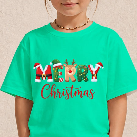Child wearing a bright turquoise t-shirt featuring a festive "MERRY Christmas" letter graphic with holiday characters.