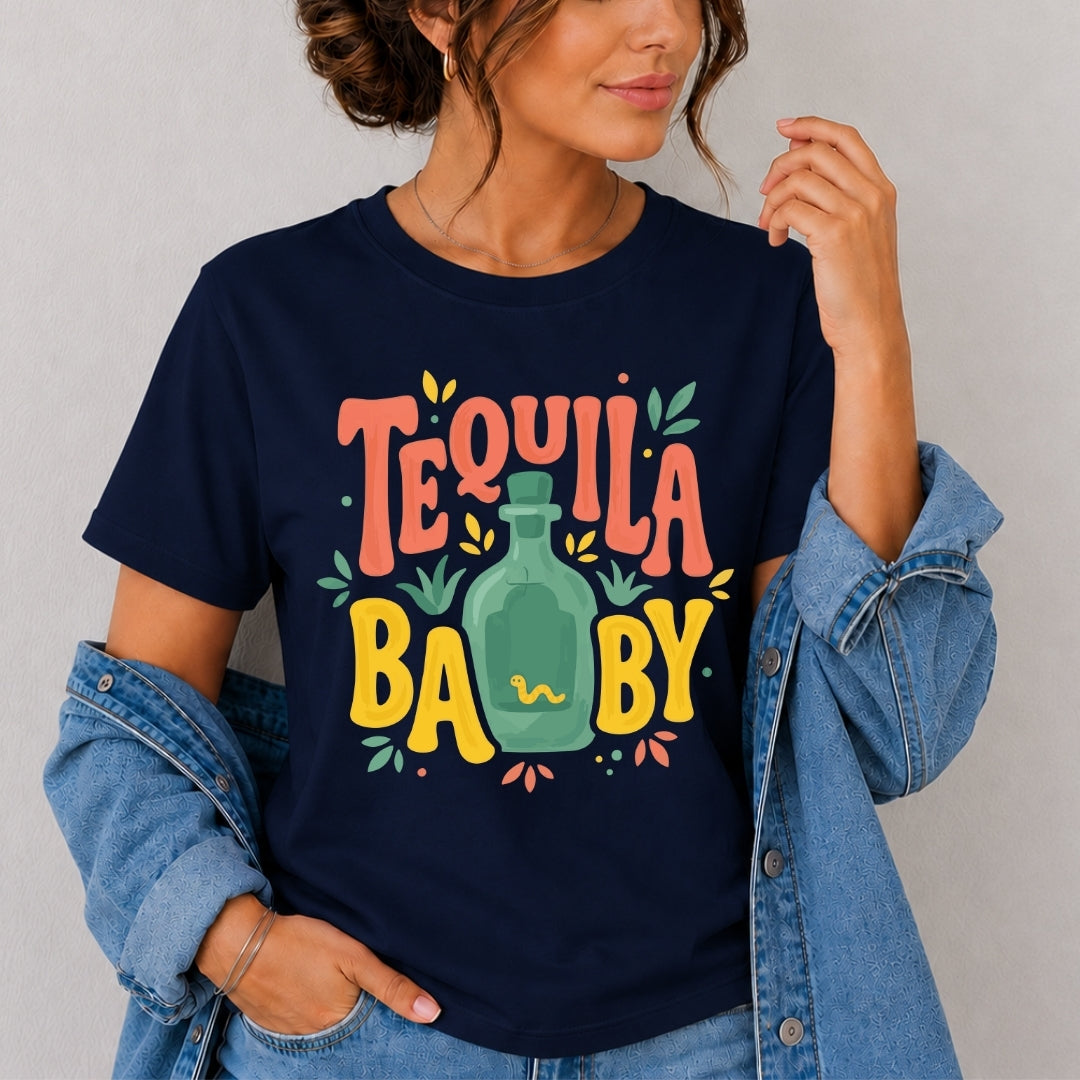 Person wearing a navy blue t-shirt with 'Tequila Baby' design.