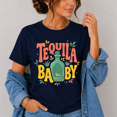 Person wearing a navy blue t-shirt with 'Tequila Baby' design.