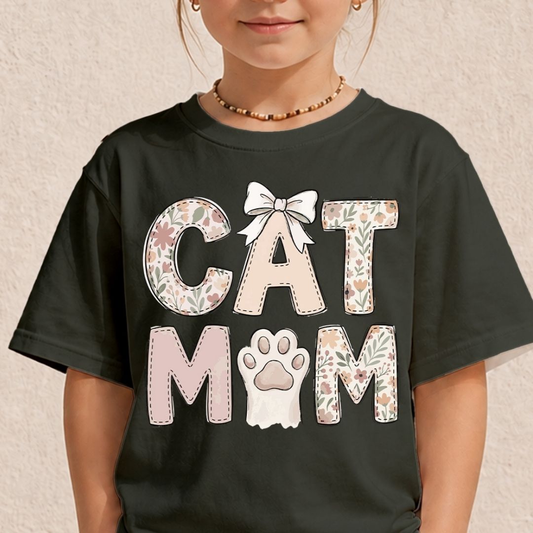 Cute Floral Cat Mom Kids Shirt, Charcoal Grey T-Shirt Mockup, Coquette Aesthetic Cat Toddler Tee, Cat Lover Gift Family Matching