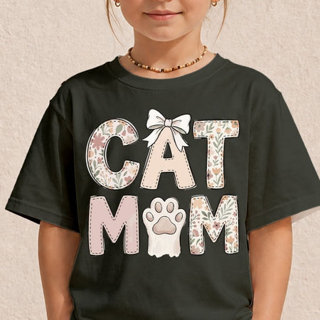 Cute Floral Cat Mom Kids Shirt, Charcoal Grey T-Shirt Mockup, Coquette Aesthetic Cat Toddler Tee, Cat Lover Gift Family Matching