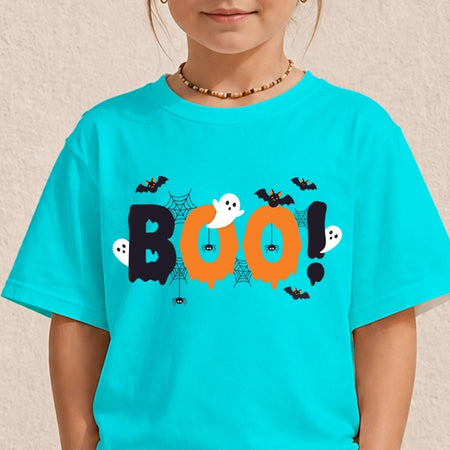 Child wearing a bright blue t-shirt with a cute Halloween "BOO!" ghost and spiderweb sublimation graphic.