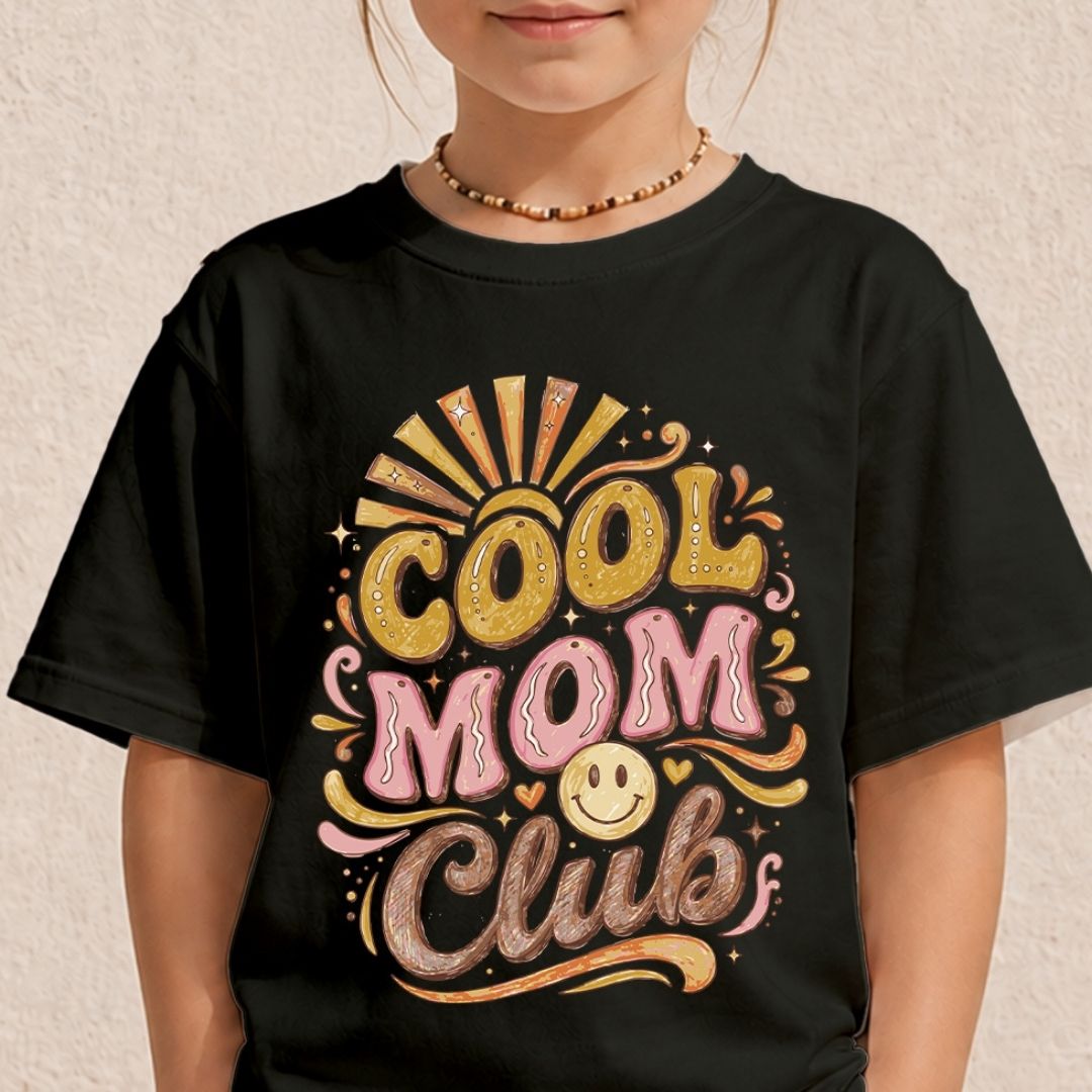 Retro Cool Mom Club Toddler Tee, Kids Charcoal Black T-Shirt Mockup, Groovy Aesthetic Family Matching Top, Vintage Smiley Face Graphic Shirt