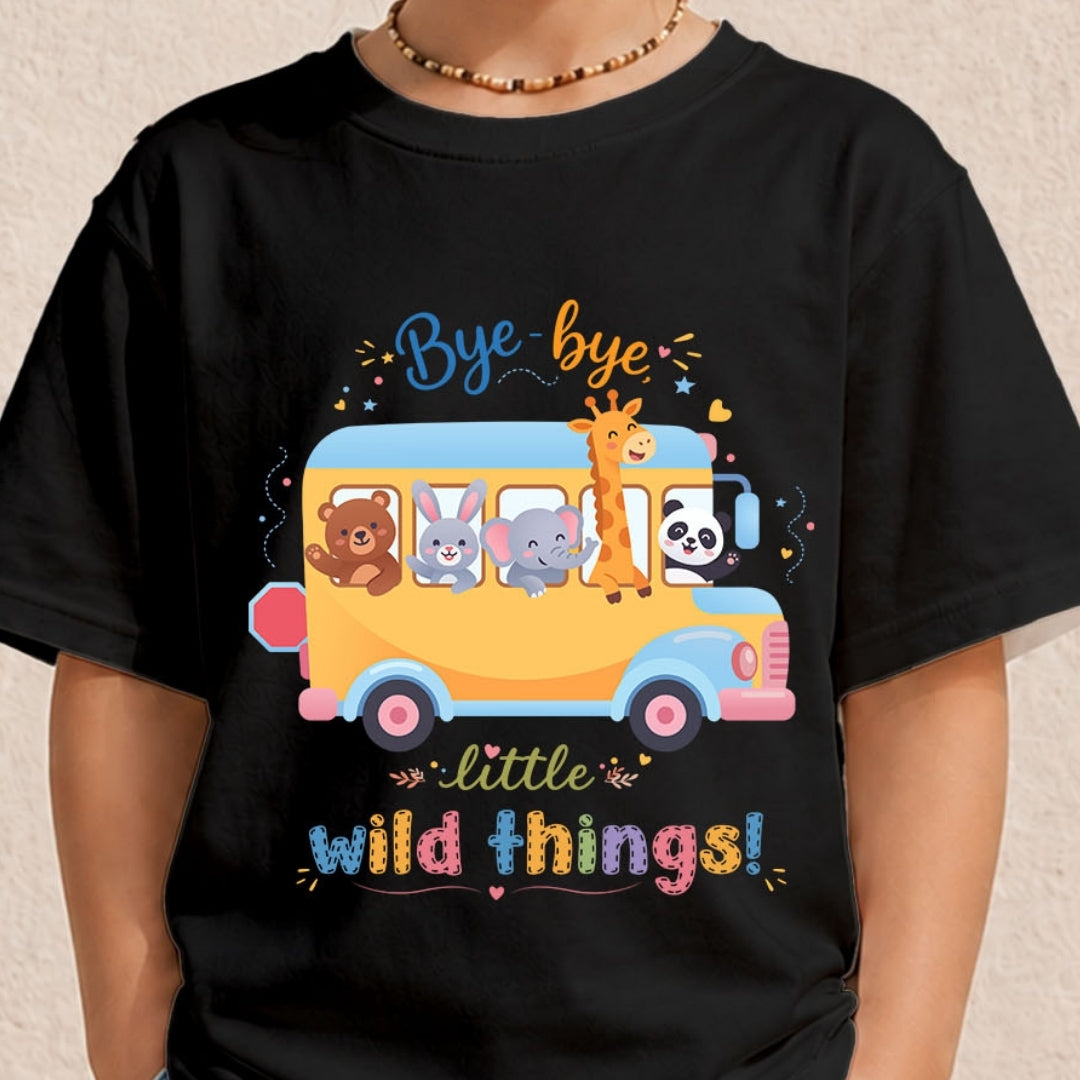 A person wearing a black t-shirt featuring a yellow school bus graphic filled with cartoon animals and the text "Bye-bye little wild things!"