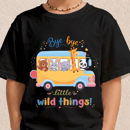 A person wearing a black t-shirt featuring a yellow school bus graphic filled with cartoon animals and the text "Bye-bye little wild things!"
