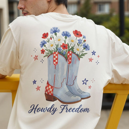 Western Howdy Freedom PNG | Men's White T-Shirt Back Sublimation