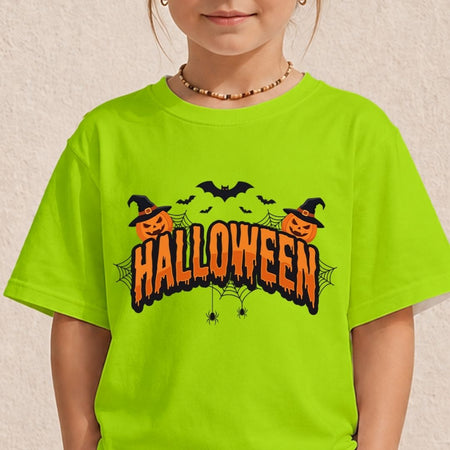 Child wearing a lime green t-shirt showcasing a vibrant "Halloween" holiday graphic print with carved pumpkins and spooky bats.
