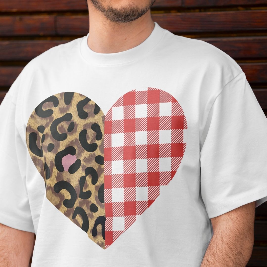 Men's White Graphic T-Shirt with Mixed Pattern Heart Layout