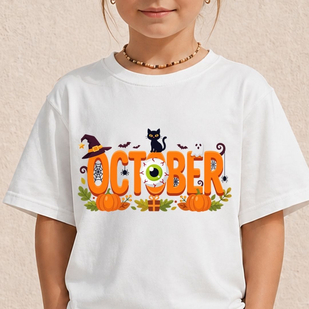 Child wearing a white t-shirt featuring a festive "October" Halloween design with pumpkins and a black cat.